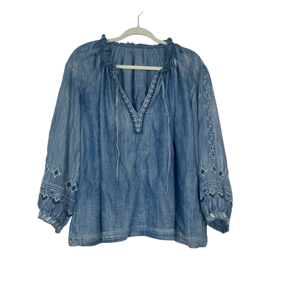 Karyn Seo Long Sleeve Chambray Denim Embroidered Peasant Top Large
